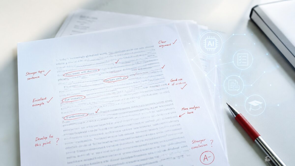A student writing at a desk as glowing letters flow from her laptop toward a luminous AI head, illustrating language as the interface for AI.
