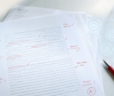 A student writing at a desk as glowing letters flow from her laptop toward a luminous AI head, illustrating language as the interface for AI.