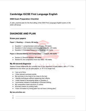First Language English 0500 Exam Preparations Checklist